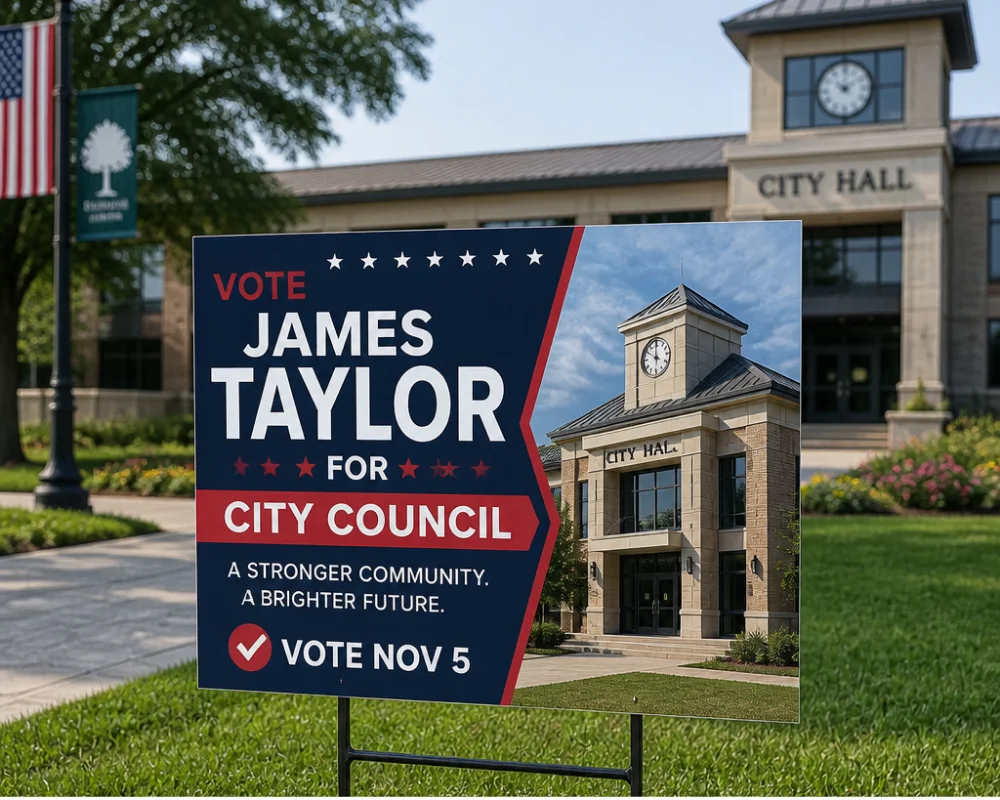 Promotional yard signs for city council campaign advertising outdoors